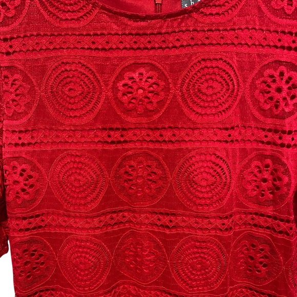 Sharagano Vibrant Red Lace Short Sleeve Midi Dress Size 6 - Picture 4 of 13